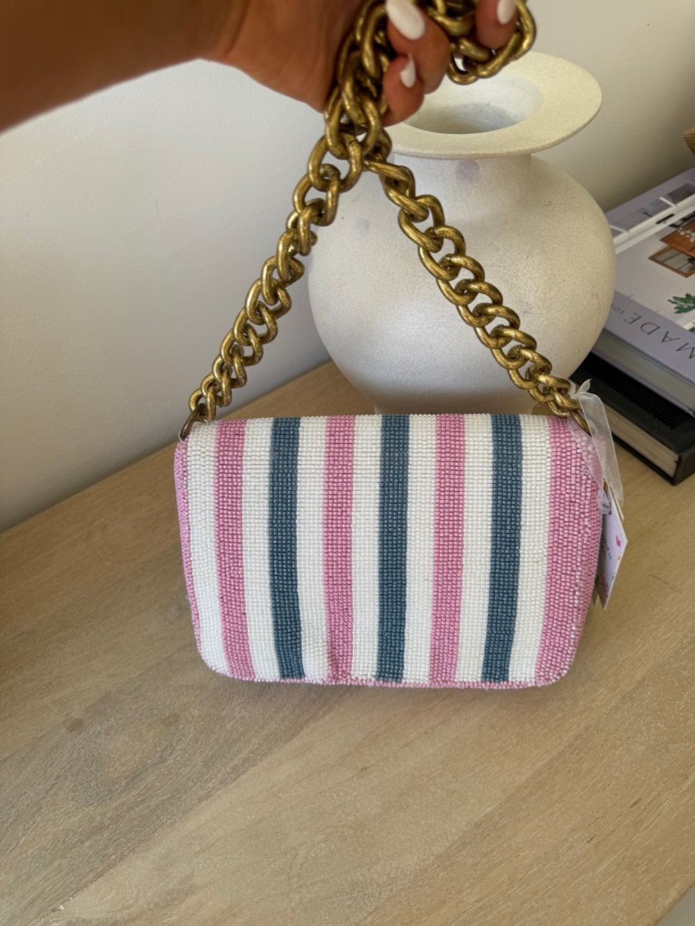 Viral Famous Beaded Stripe Shoulder Bag in Pink, White & Dark Green - Picture 9 of 15